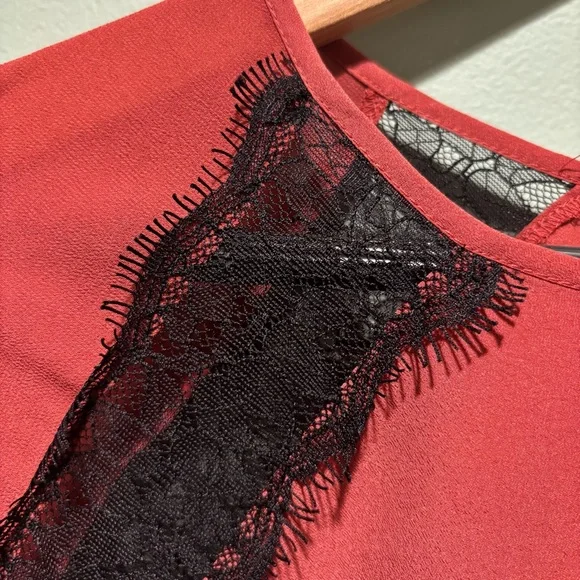 Reiss Lace Inset Rust Ariel Top sz 8 Satin Feminine Fall Office Dainty Raglan - Picture 8 of 9